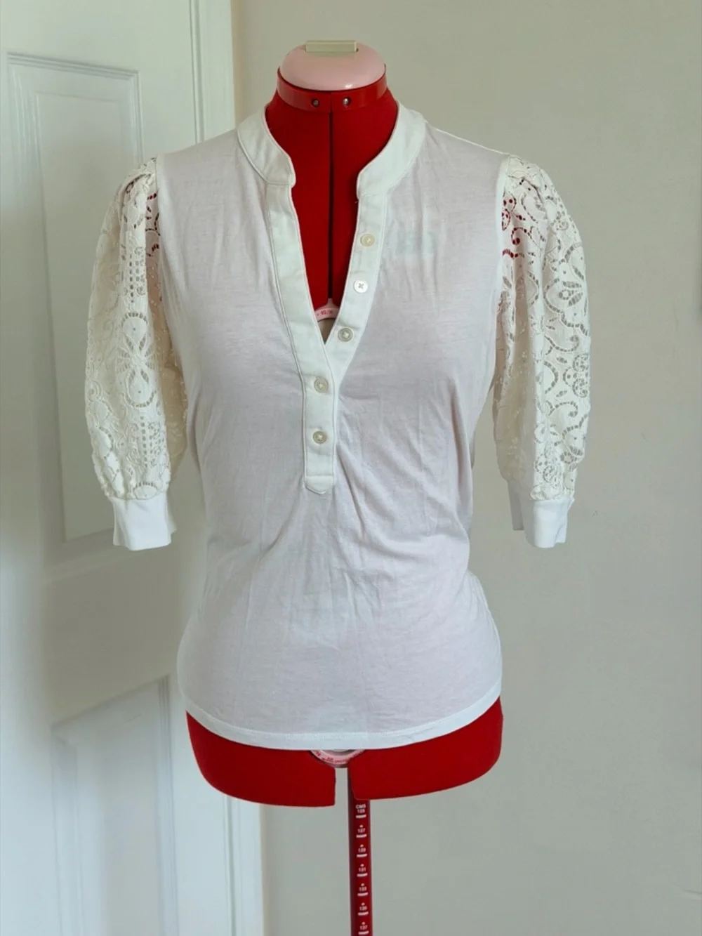 Veronica Beard Coralee Puff Lace Sleeve Cotton Top Blouse Tee Off White S - Picture 4 of 11